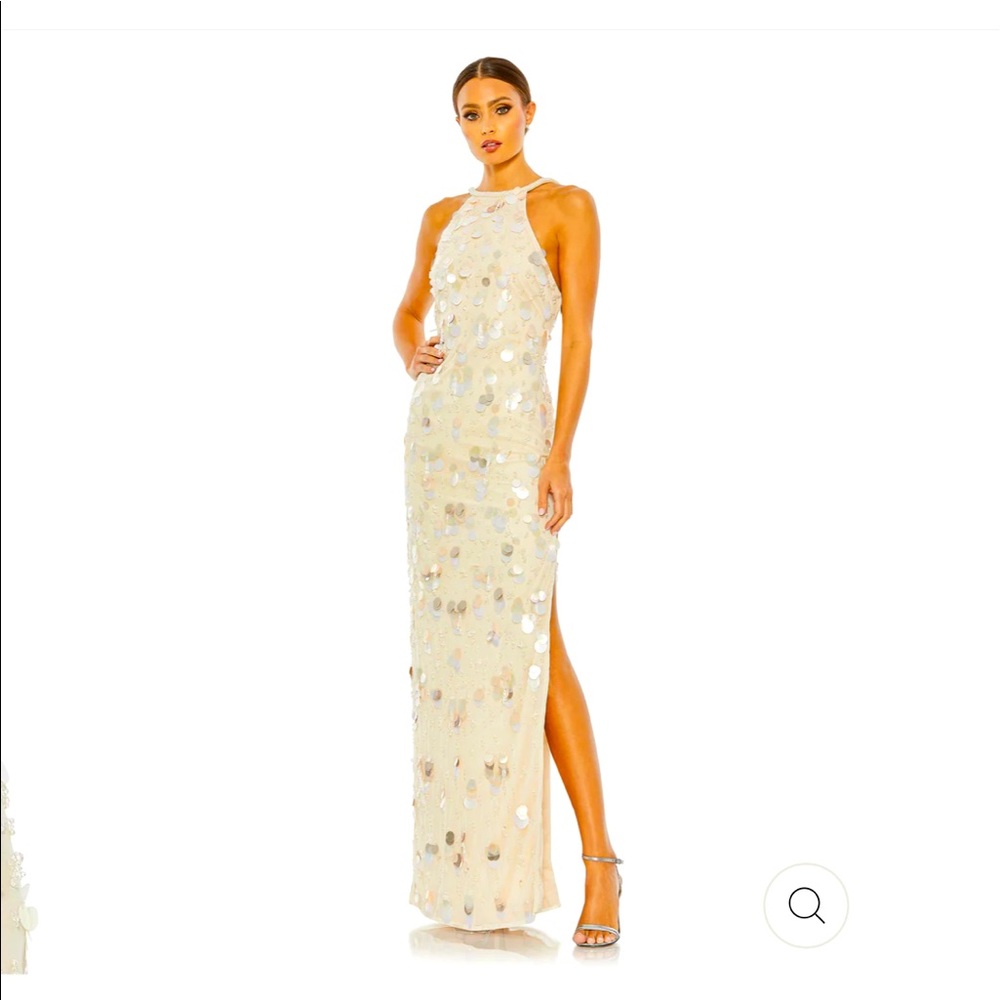 BRAND NEW MacDuggal #10878 crystal embellished cascade open back column gown 6